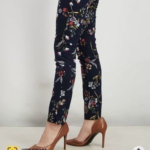 Stradivarius‎ Pants Womens Navy Blue Chino Skinny Mid Rise Floral Slacks Cotton